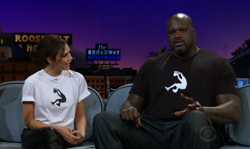 Illustration for article titled This Video of Shaquille O'Neal Holding Victoria Beckham on His Shoulders Is Currently the Best